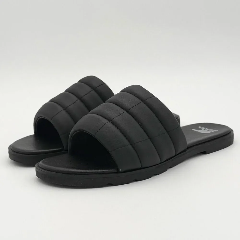 Sorel Ella III Quilted Puff Leather Black Slides - US Women’s Size 9 / EU 40 //